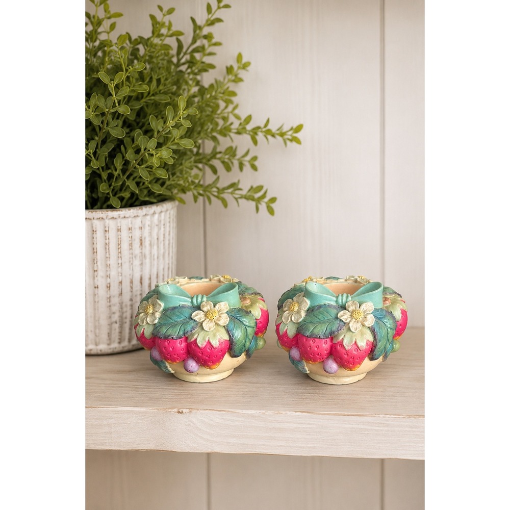 Vintage Strawberry Votive Candle Holders Pair Resin Cottagecore Farmhouse Whimsy